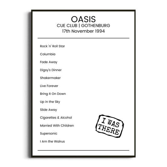 Oasis Gothenburg 17 November 1994 Setlist Poster