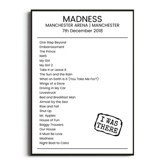 Madness Manchester 07 December 2018 Setlist Poster