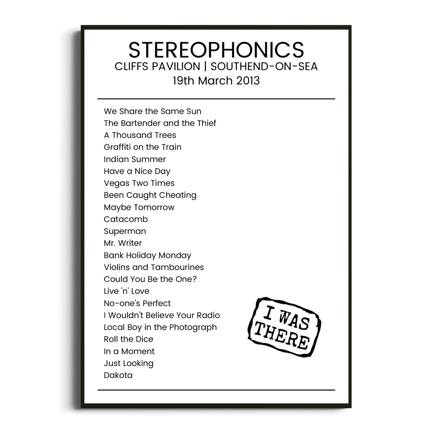 Stereophonics Southend-on-Sea 19 March 2013 Setlist Poster