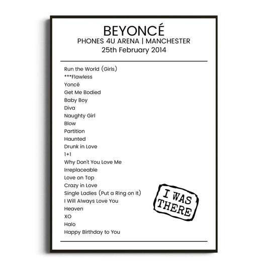 Beyoncé Manchester 25 February 2014 Setlist Poster