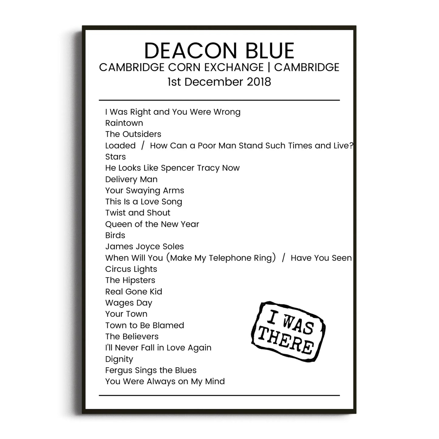 Deacon Blue Cambridge 01 December 2018 Setlist Poster