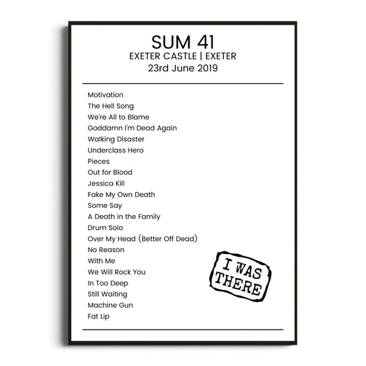 Sum 41 Exeter 23 June 2019 Setlist Poster