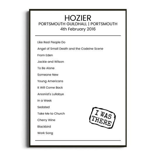 Hozier Portsmouth 04 February 2016 Setlist Poster