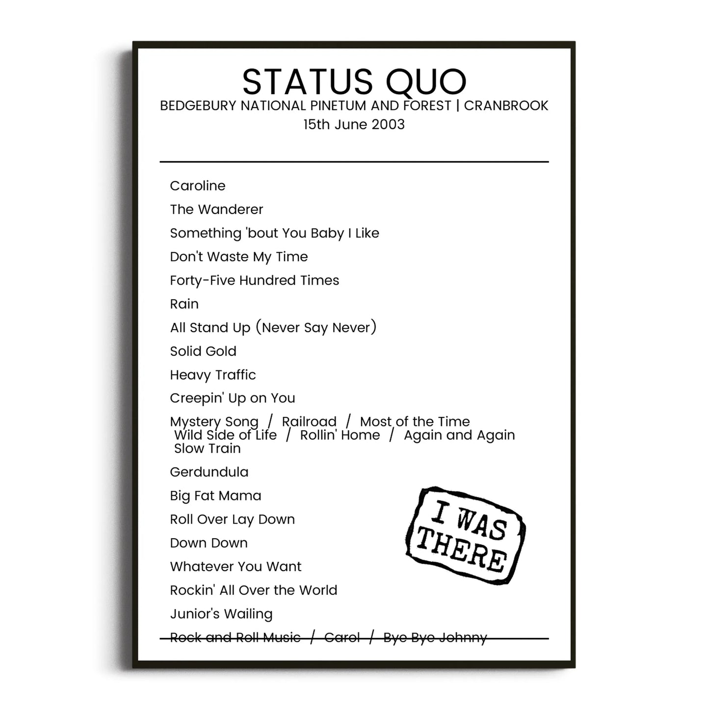 Status Quo Cranbrook 15 June 2003 Setlist Poster