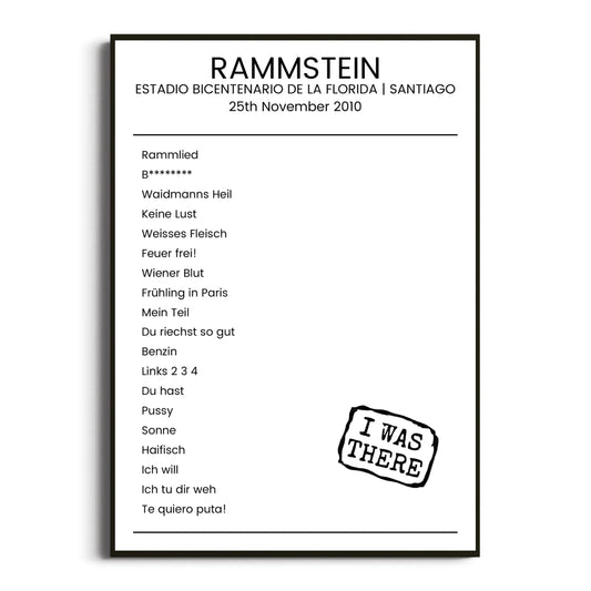 Rammstein Santiago 25 November 2010 Setlist Poster