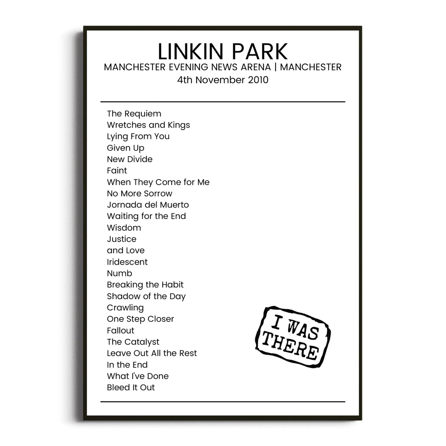 Linkin Park Manchester 04 November 2010 Setlist Poster