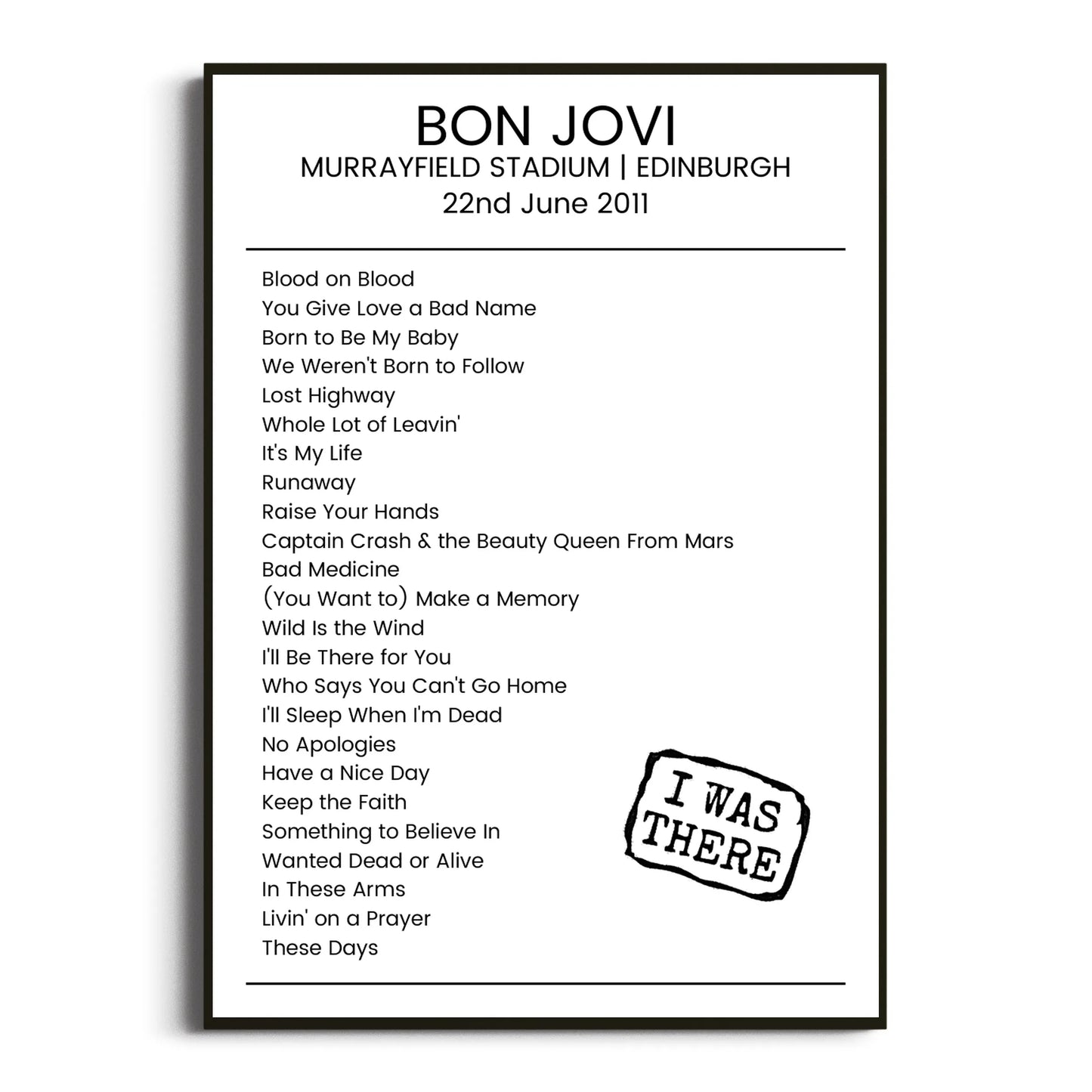 Bon Jovi Edinburgh 22 June 2011 Setlist Poster