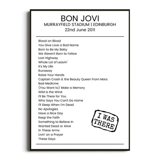 Bon Jovi Edinburgh 22 June 2011 Setlist Poster