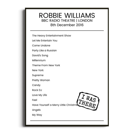 Robbie Williams London 08 December 2016 Setlist Poster