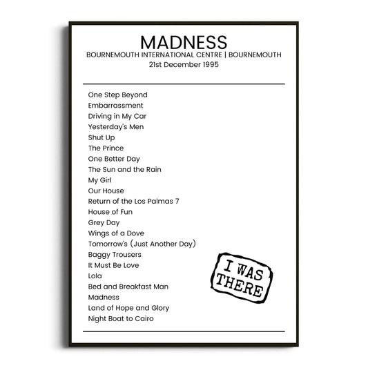 Madness Bournemouth 21 December 1995 Setlist Poster