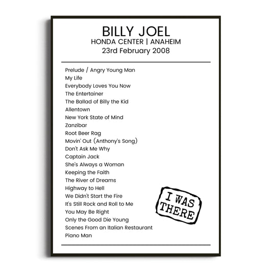 Billy Joel Anaheim 23 February 2008 Setlist Poster