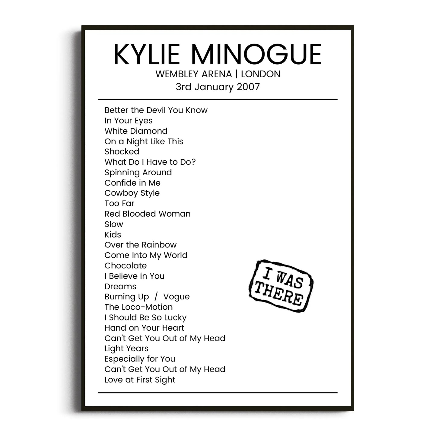 Kylie Minogue London 03 January 2007 Setlist Poster