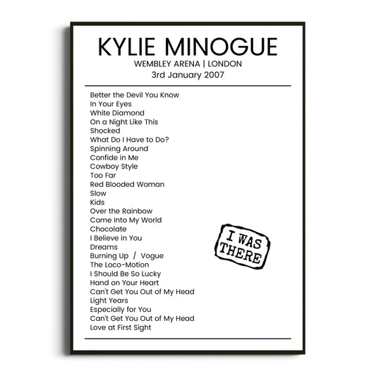 Kylie Minogue London 03 January 2007 Setlist Poster