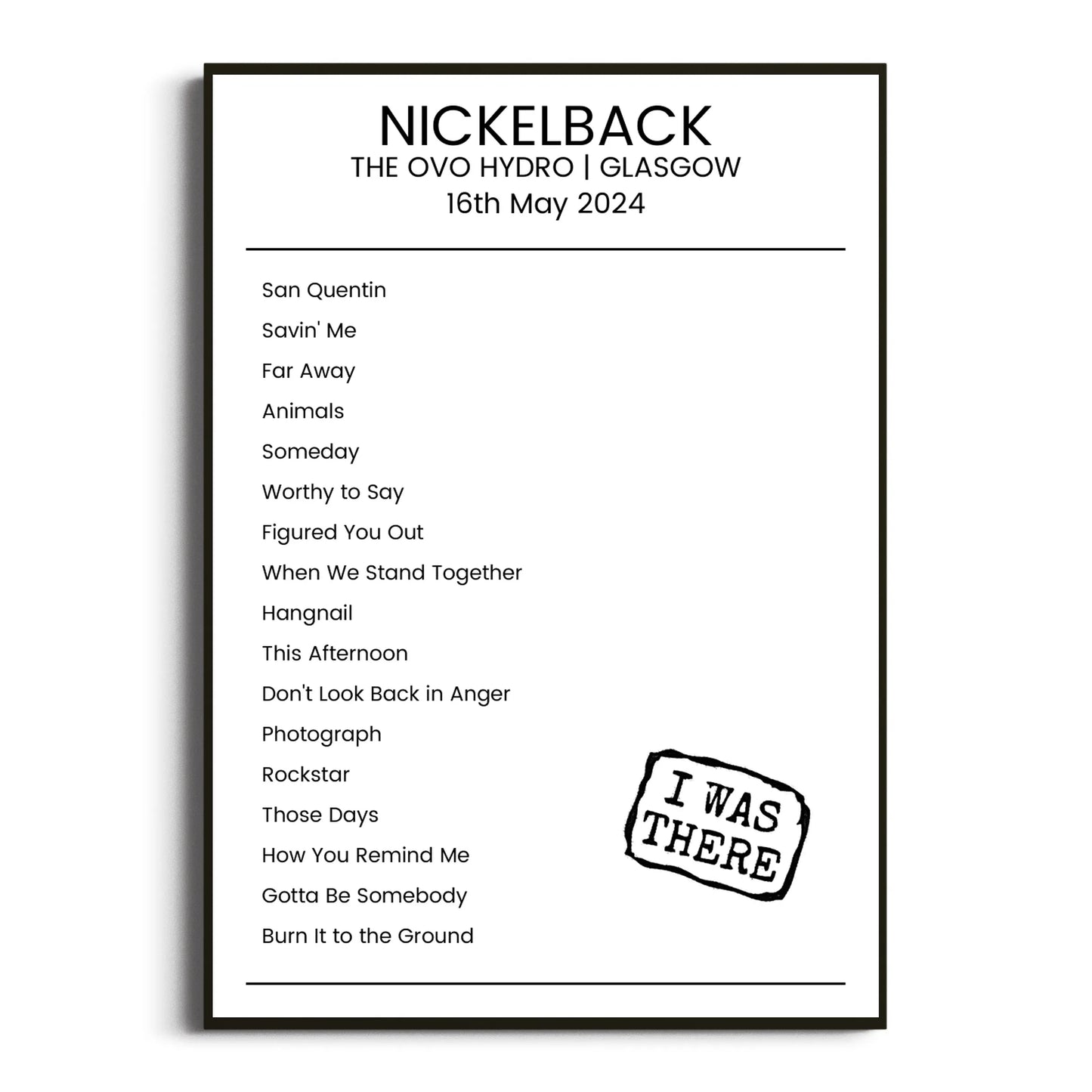 Nickelback Glasgow 16 May 2024 Setlist Poster