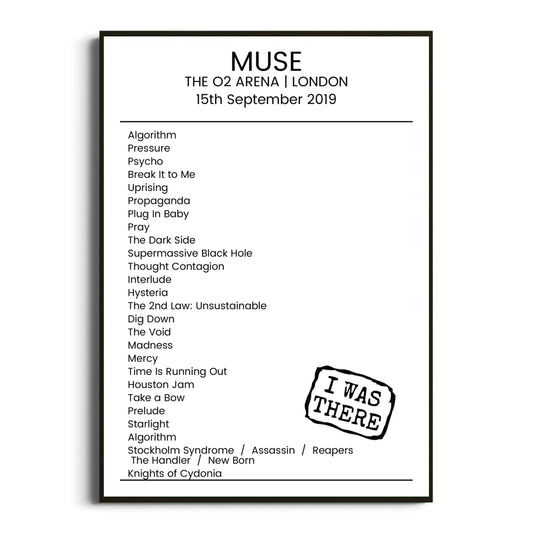 Muse London 15 September 2019 Setlist Poster