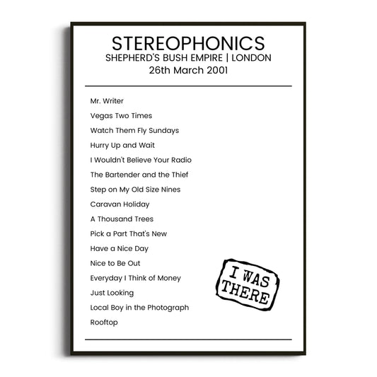 Stereophonics London 26 March 2001 Setlist Poster