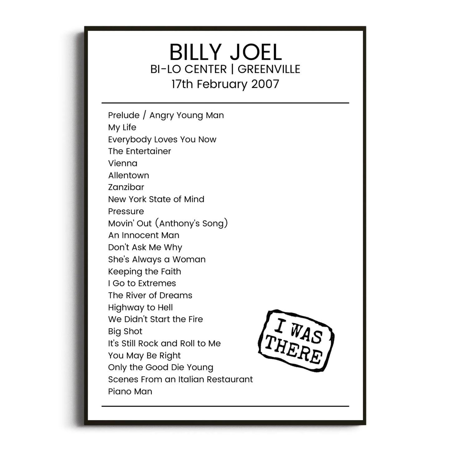 Billy Joel Greenville 17 February 2007 Setlist Poster