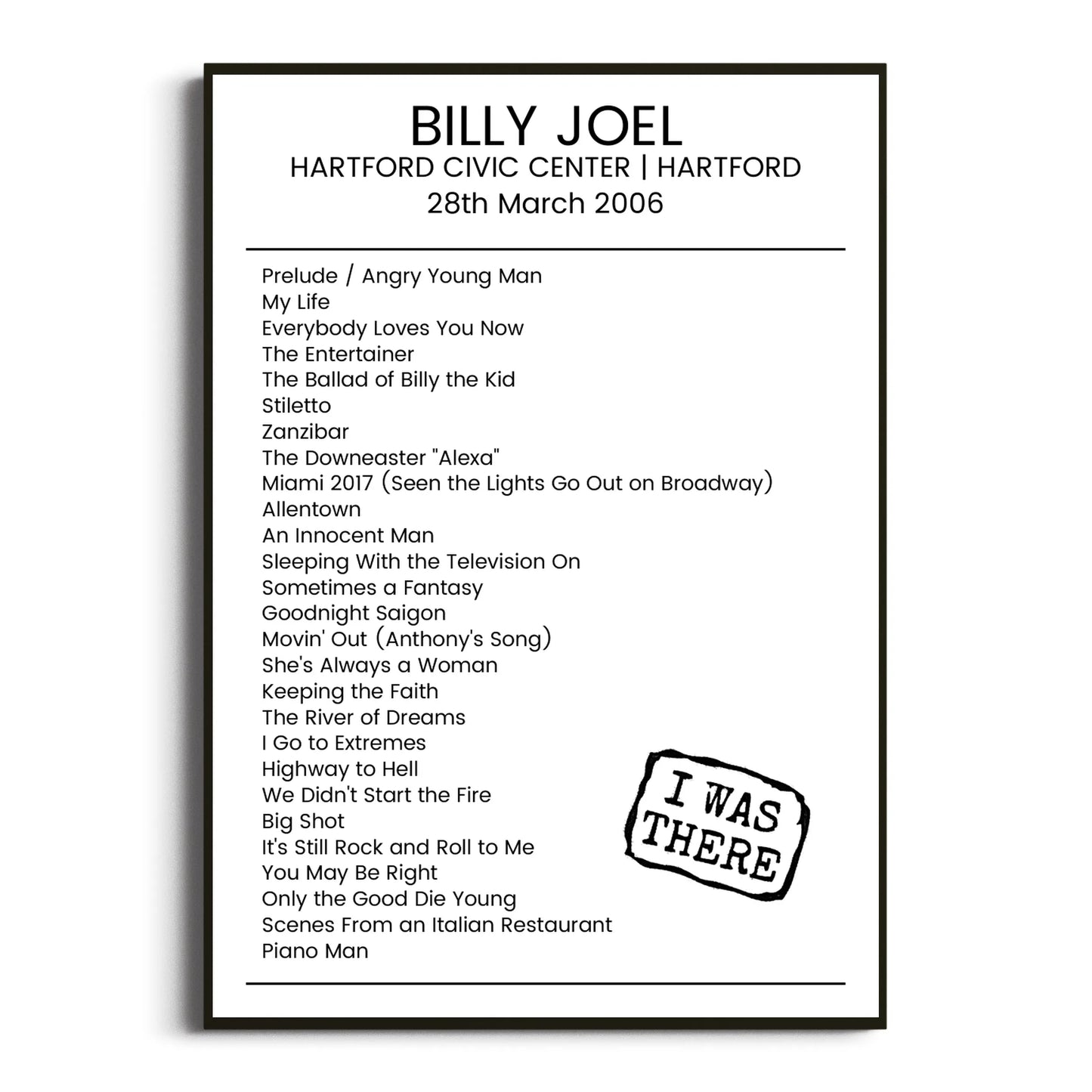 Billy Joel Hartford 28 March 2006 Setlist Poster