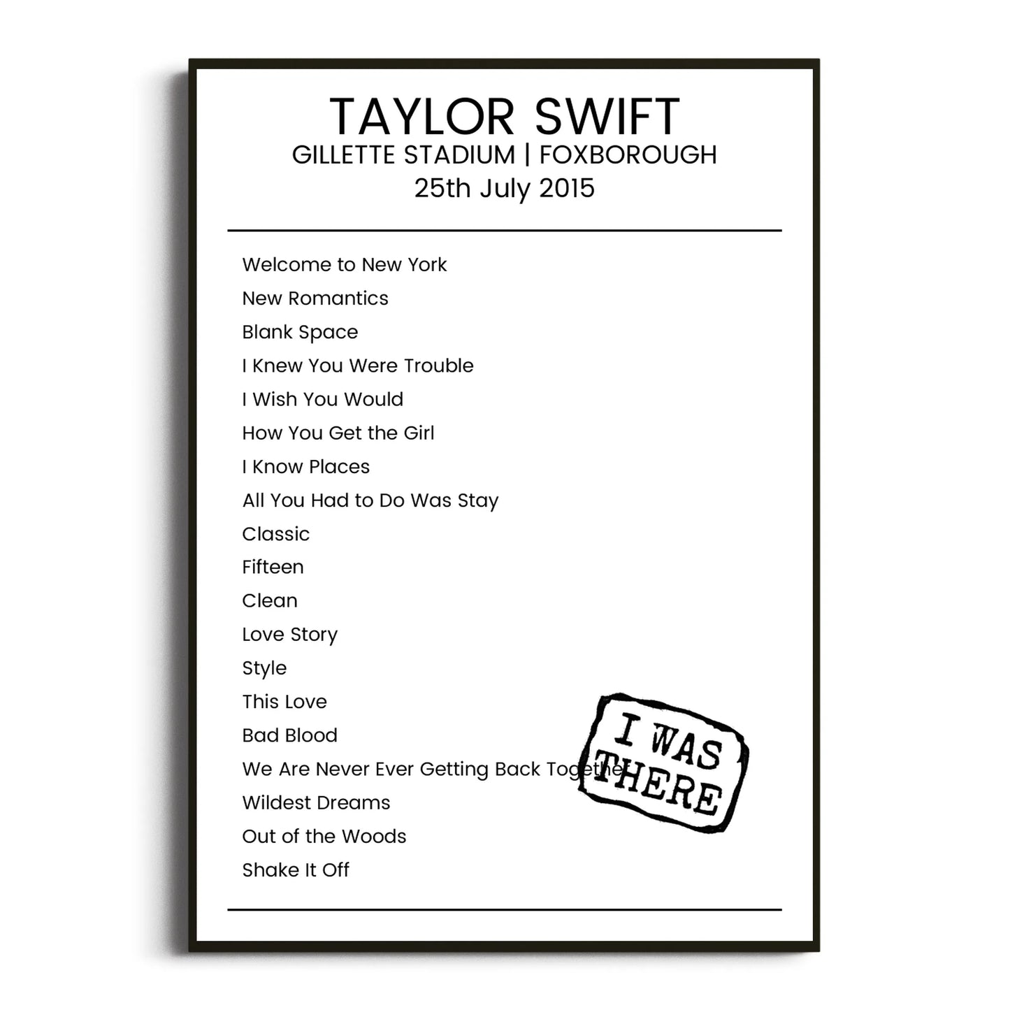 Taylor Swift Foxborough 25 July 2015 Setlist Poster