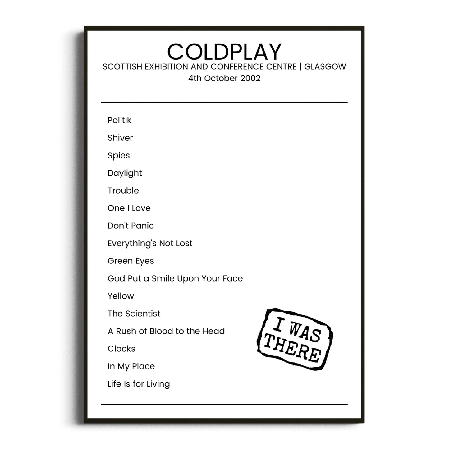 Coldplay Glasgow 04 October 2002 Setlist Poster