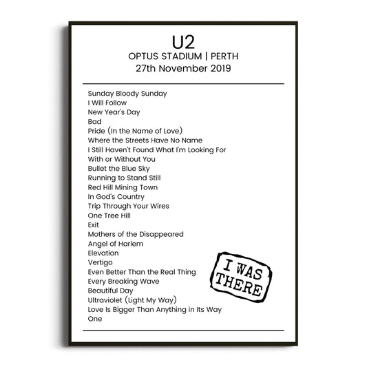 U2 Perth 27 November 2019 Setlist Poster