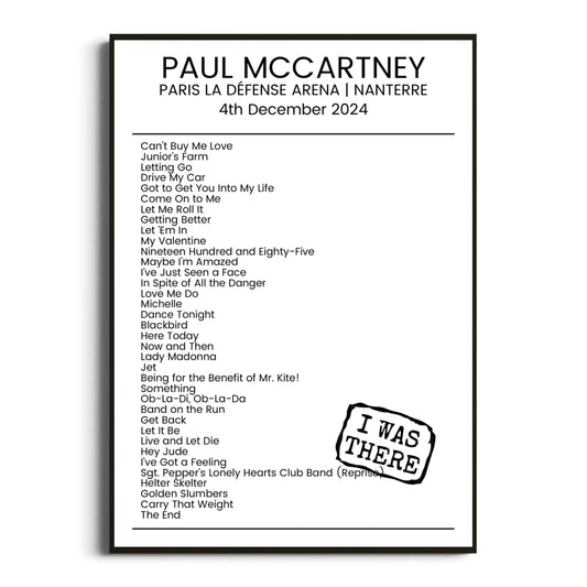 Paul McCartney Nanterre 04 December 2024 Setlist Poster