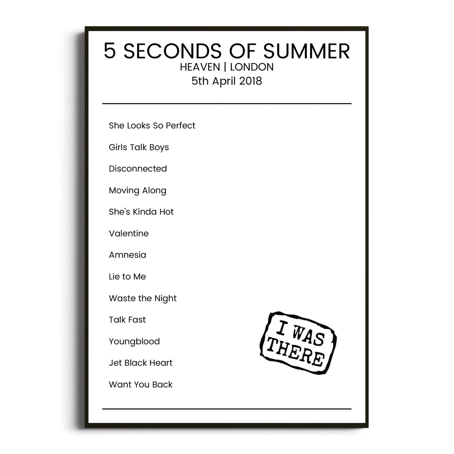 5 Seconds of Summer London 05 April 2018 Setlist Poster