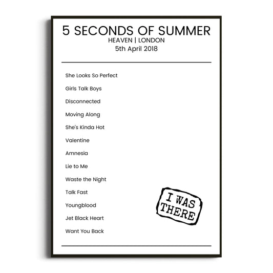 5 Seconds of Summer London 05 April 2018 Setlist Poster