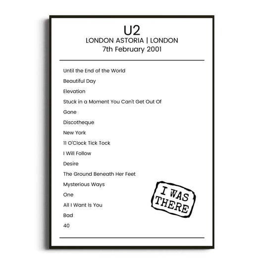 U2 London 07 February 2001 Setlist Poster