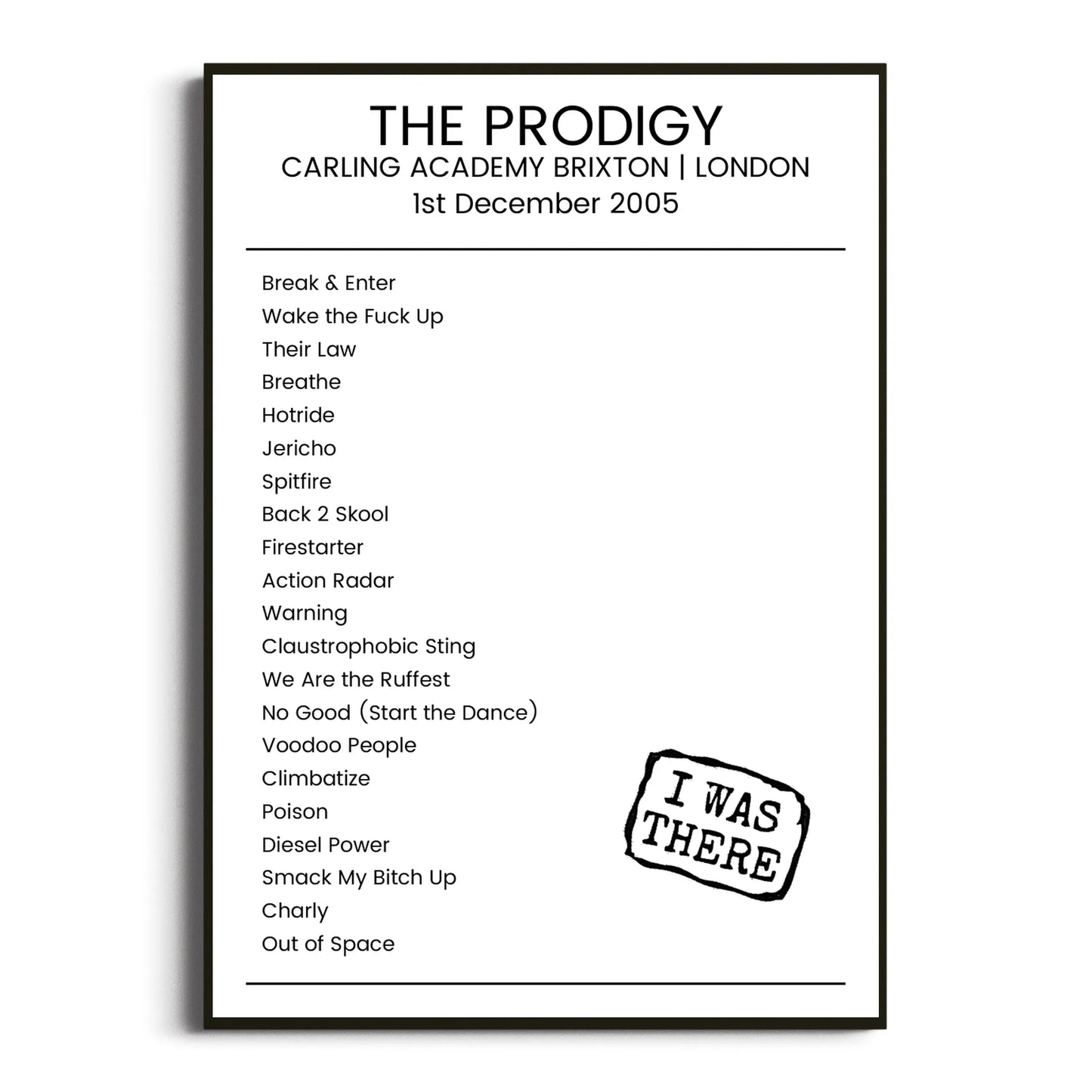 The Prodigy London 01 December 2005 Setlist Poster