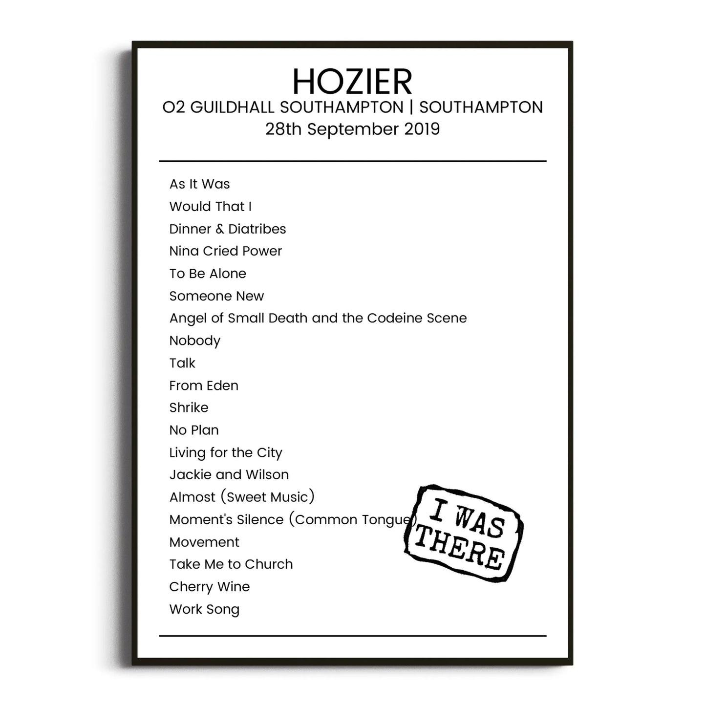 Hozier Southampton 28 September 2019 Setlist Poster