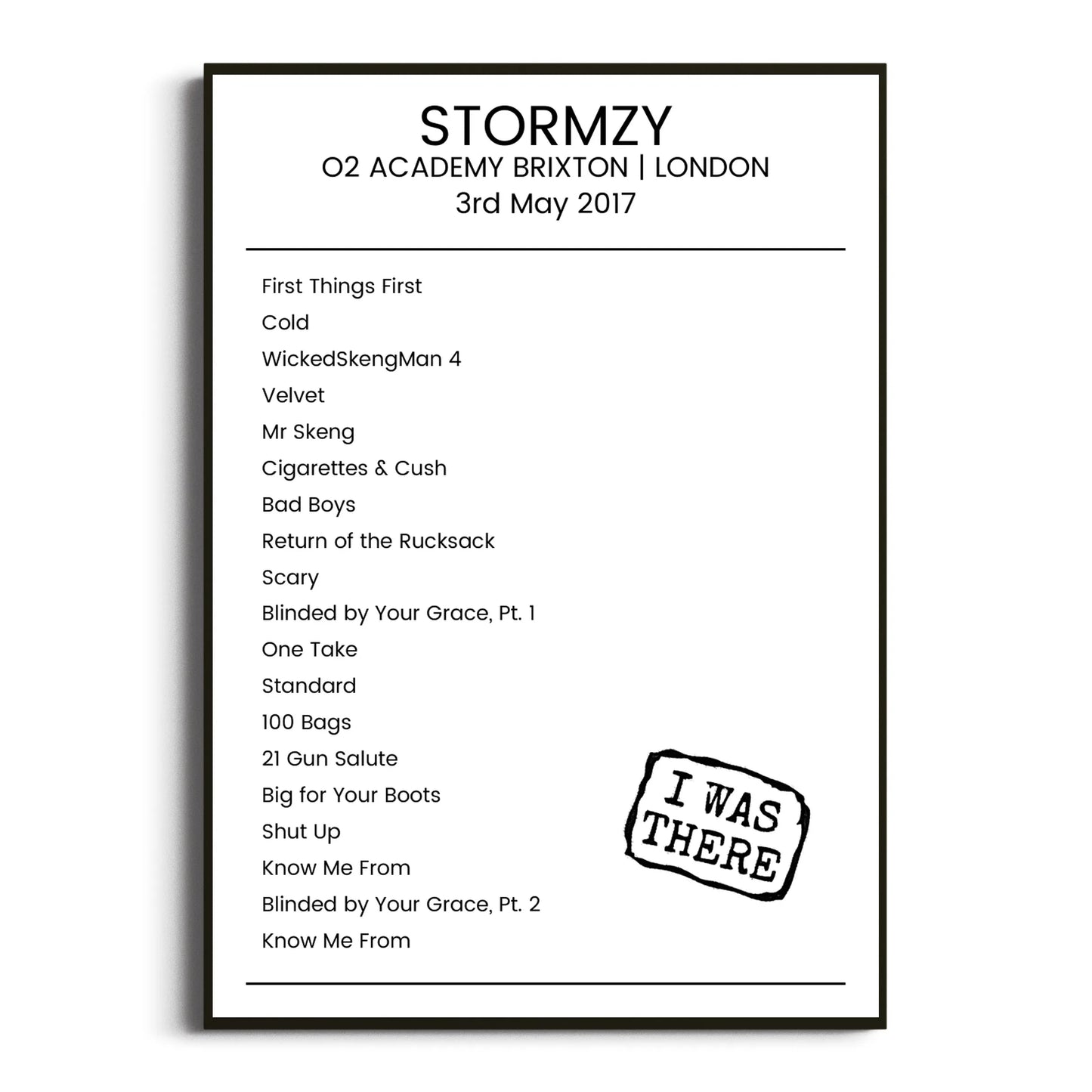 Stormzy London 03 May 2017 Setlist Poster