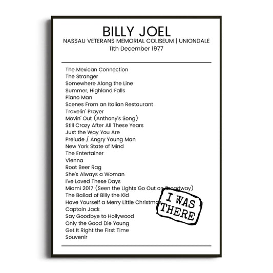 Billy Joel Uniondale 11 December 1977 Setlist Poster