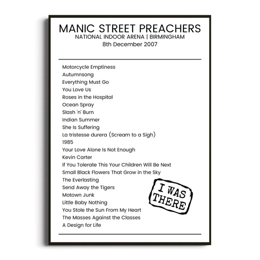 Manic Street Preachers Birmingham 08 December 2007 Setlist Poster