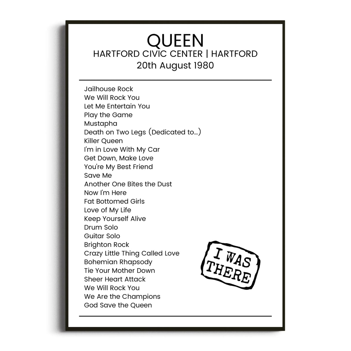 Queen Hartford 20 August 1980 Setlist Poster