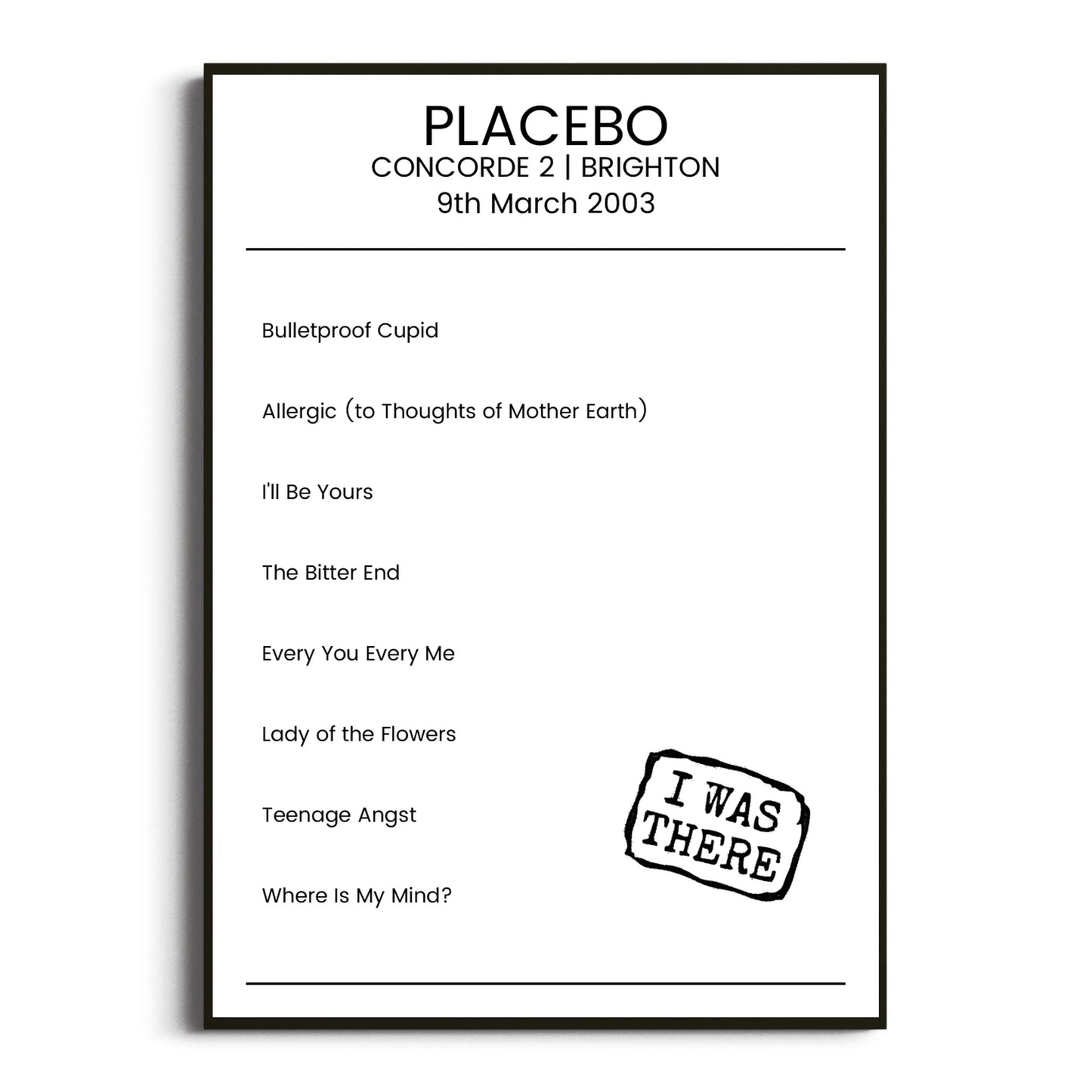 Placebo Brighton 09 March 2003 Setlist Poster