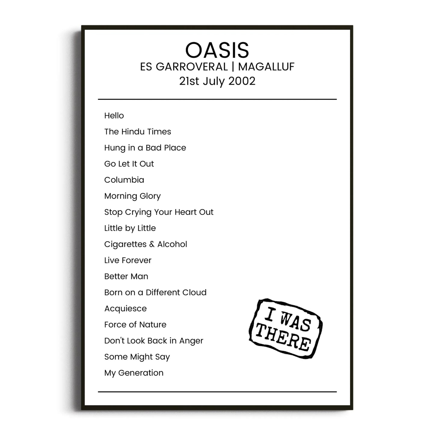 Oasis Magalluf 21 July 2002 Setlist Poster