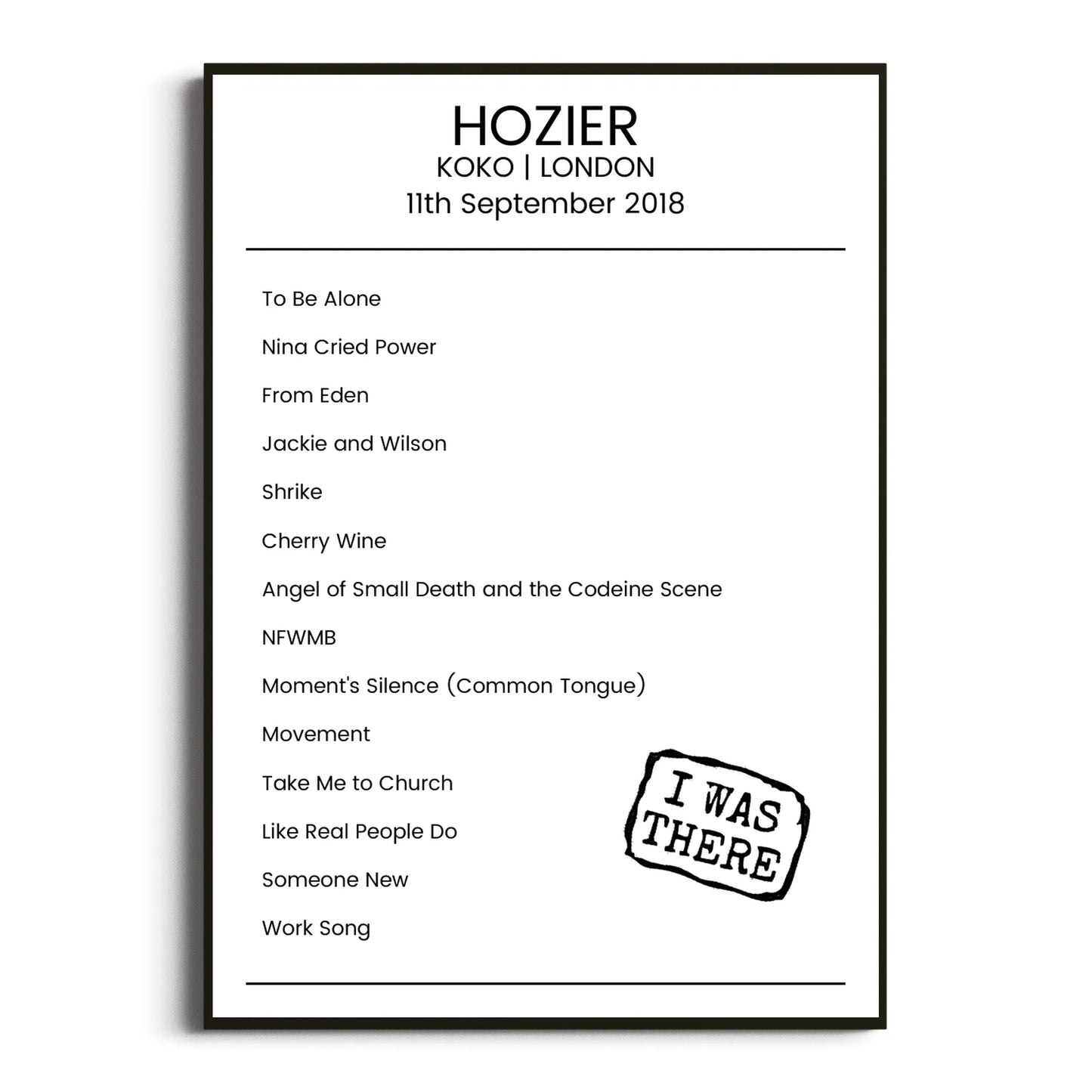 Hozier London 11 September 2018 Setlist Poster