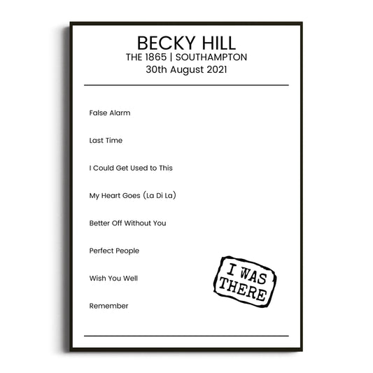 Becky Hill Southampton 30 August 2021 Setlist Poster