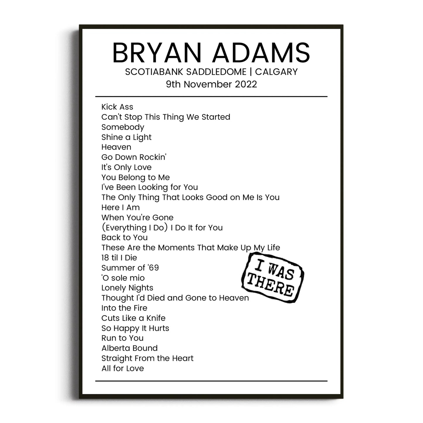 Bryan Adams Calgary 09 November 2022 Setlist Poster