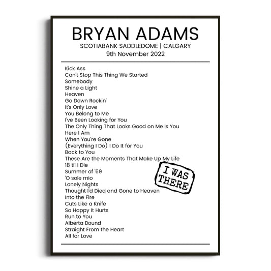 Bryan Adams Calgary 09 November 2022 Setlist Poster