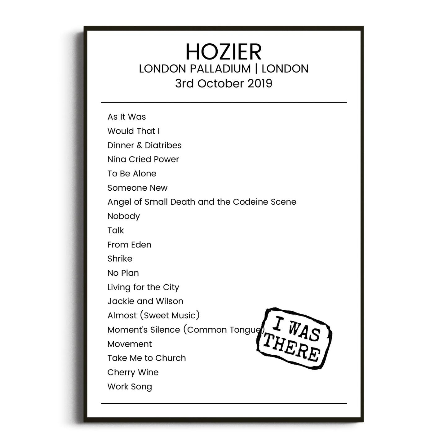 Hozier London 03 October 2019 Setlist Poster