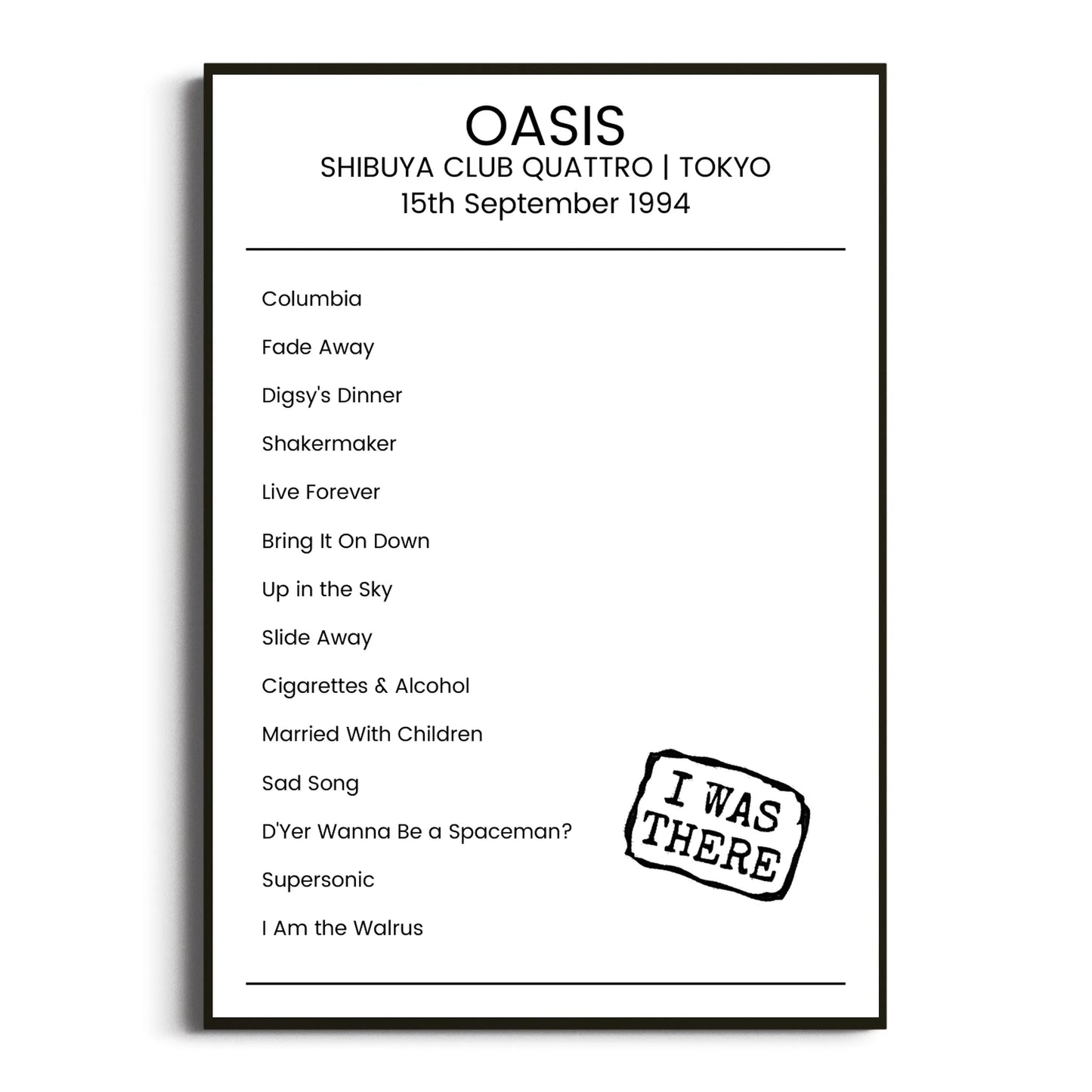 Oasis Tokyo 15 September 1994 Setlist Poster