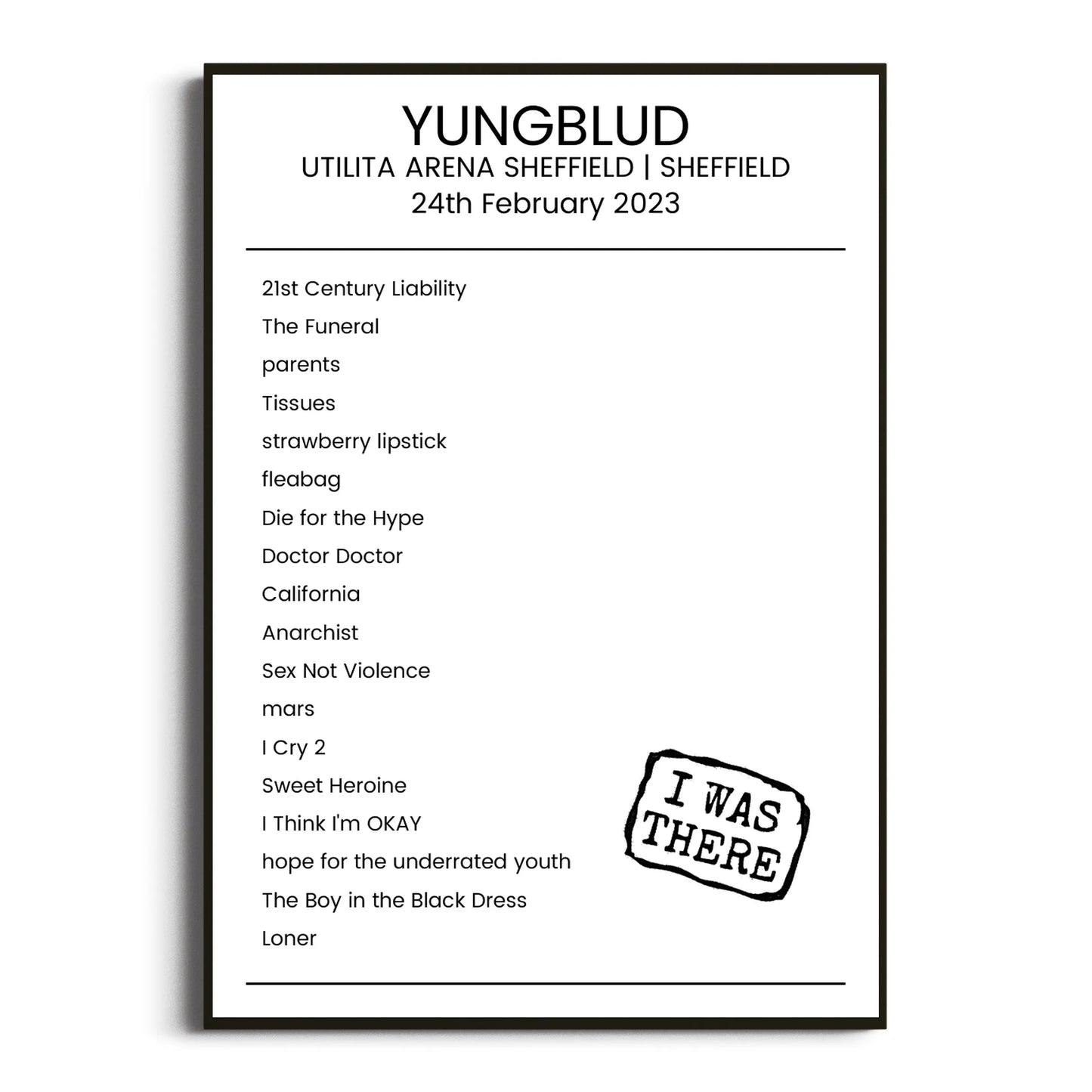 YUNGBLUD Sheffield 24 February 2023 Setlist Poster