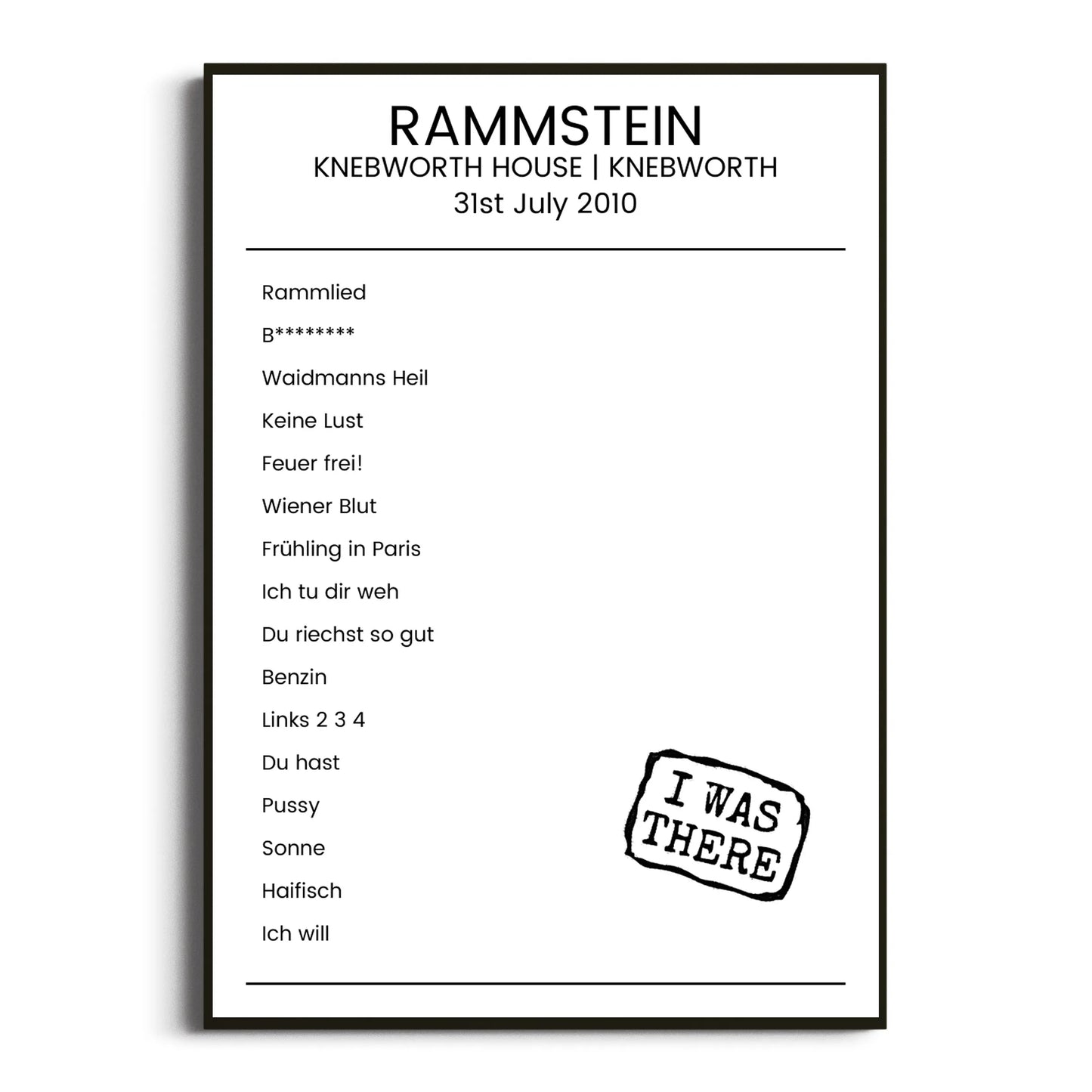 Rammstein Knebworth 31 July 2010 Setlist Poster