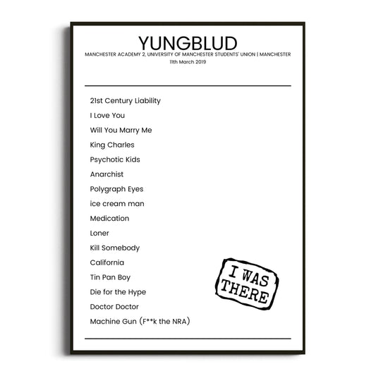 YUNGBLUD Manchester 11 March 2019 Setlist Poster