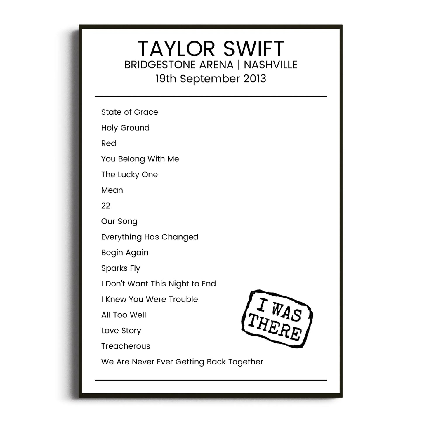 Taylor Swift Nashville 19 September 2013 Setlist Poster