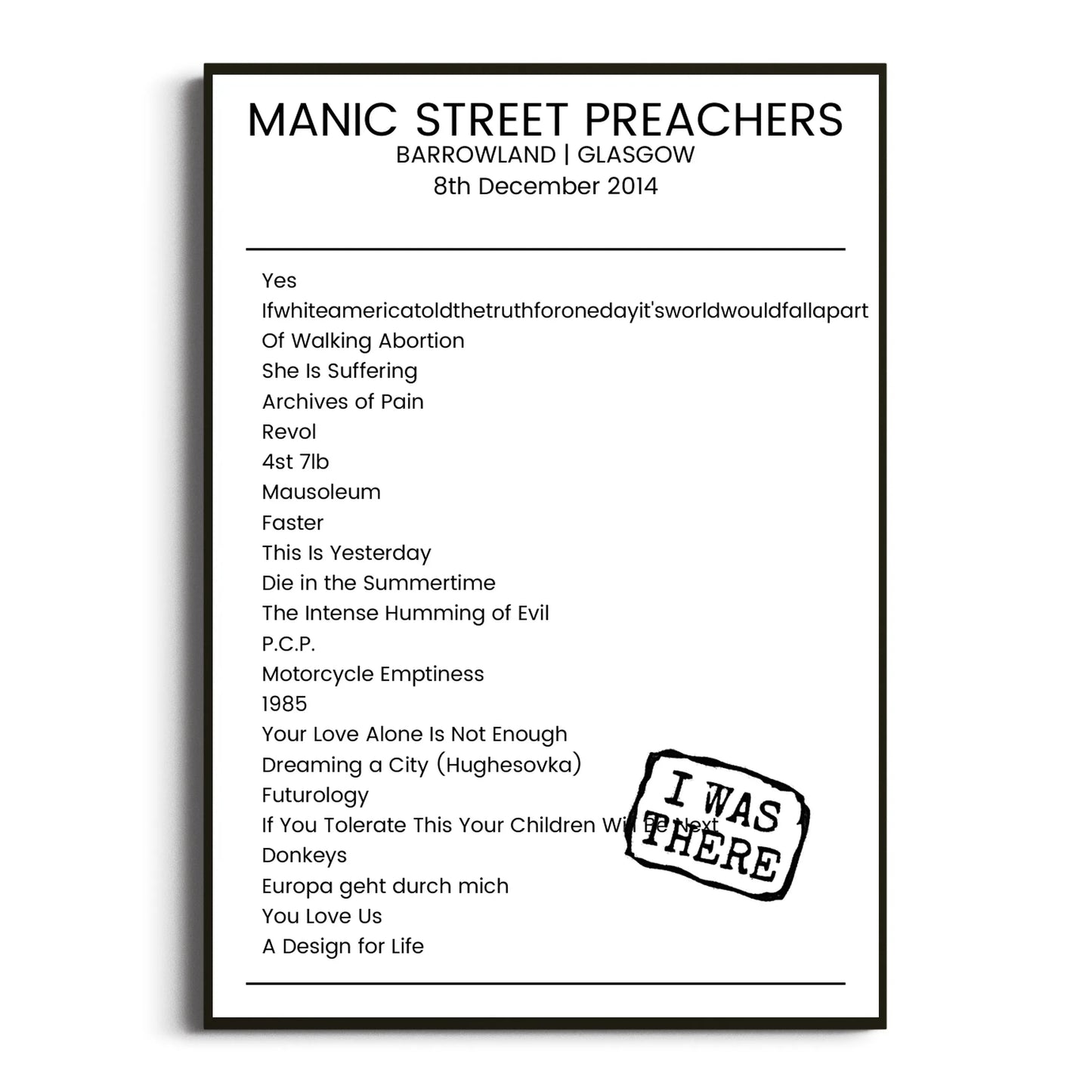 Manic Street Preachers Glasgow 08 December 2014 Setlist Poster