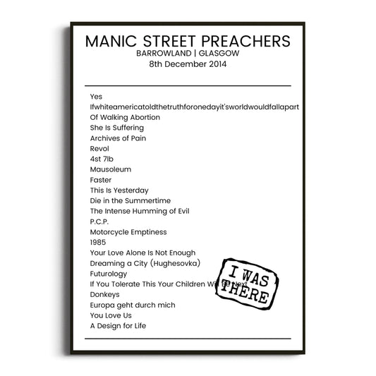 Manic Street Preachers Glasgow 08 December 2014 Setlist Poster