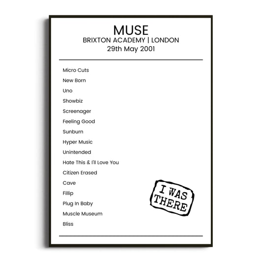 Muse London 29 May 2001 Setlist Poster